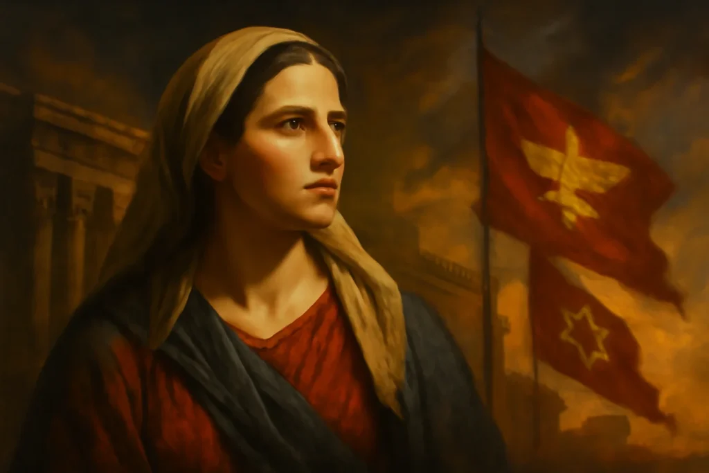 Imagem de uma mulher judia com expressão de coragem, vestida com roupas tradicionais, diante de um fundo que remete ao palácio persa com bandeiras e símbolos históricos, transmitindo esperança e determinação.