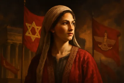 Imagem de Ester, mulher judia com expressão determinada, simbolizando coragem que salvou uma nação, em fundo histórico com cores quentes.