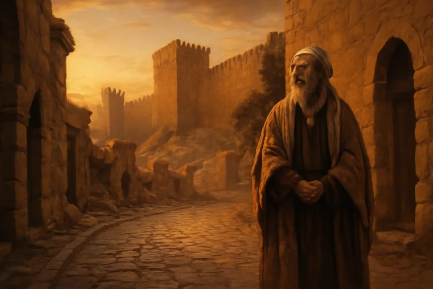 Profeta Jeramias em rua de Jerusalém ao amanhecer, com ruínas e muralhas, símbolo de esperança e pesar.
