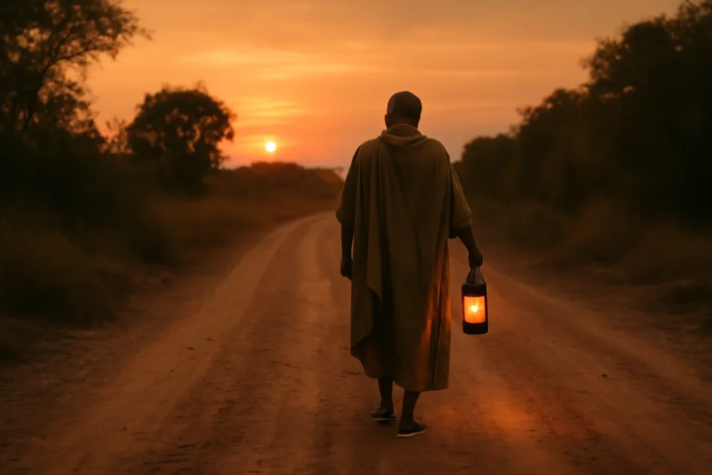 Cena da história de Paulo na Bíblia: figura caminhando lentamente por estrada antiga ao entardecer com lanterna