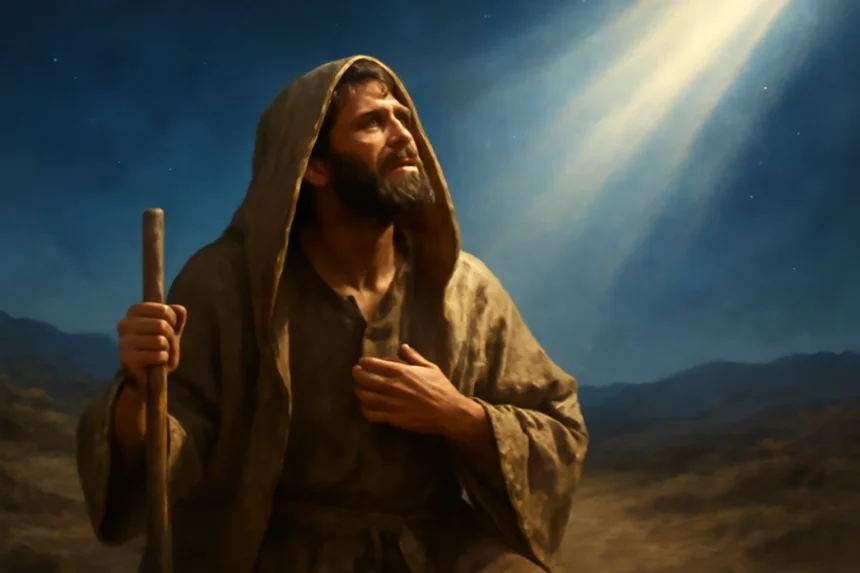 Cena de Paulo no caminho para Damasco na história de Paulo na bíblia, com luz celestial e vestes antigas