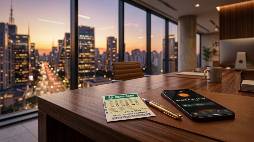 "A professional and high-quality cinematic shot of a modern financial workspace. On a polished wooden desk, there is a winning lottery ticket with the Mega-Sena colors (green and white), a gold luxury pen, and a high-end smartphone showing a digital bank app with a huge balance. In the background, a blurred glass window showing a sunset over a modern city skyline. The lighting is warm and sophisticated, 8k resolution, photorealistic, financial success atmosphere."