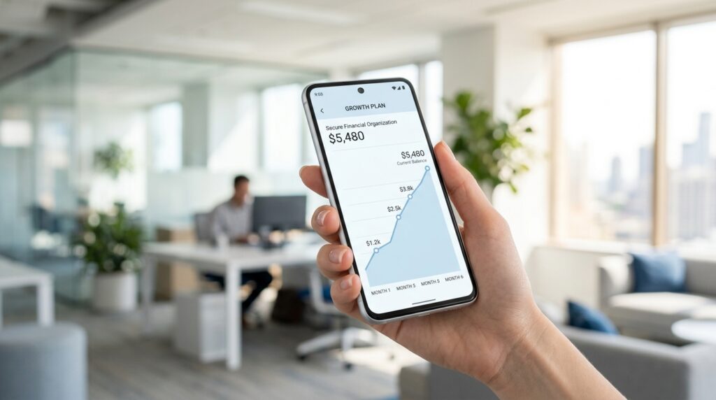 Uma fotografia de estilo publicitário clean e minimalista. Em primeiro plano, uma mão segurando um smartphone moderno mostrando um gráfico de finanças simplificado e ascendente. Ao fundo, um escritório moderno e bem iluminado com desfoque (bokeh). Cores dominantes: azul suave, branco e cinza claro. A composição é arejada, com muito espaço negativo, transmitindo segurança, transparência e organização financeira para trabalhadores CLT. Alta resolução, iluminação natural